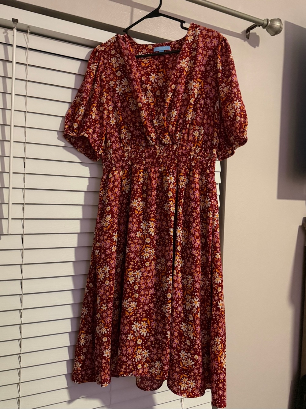 Draper James Burgundy Floral V-Neck Midi Dress with Puff Sleeves